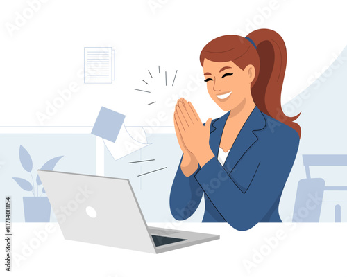 Cheerful business woman applauding at laptop in modern office setting successful professional celebrating achievement remote worker receiving good news character illustration for corporate presentatio