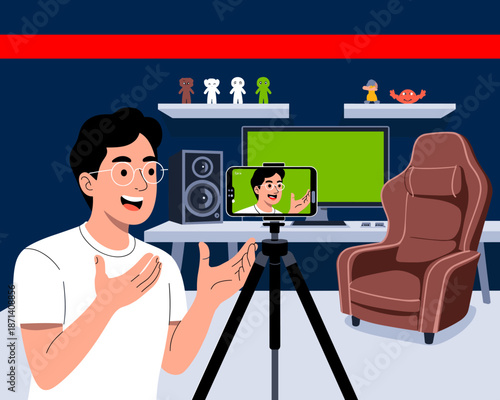 Young adult man streaming live video content on smartphone with green screen backdrop recording vlog in modern apartment for social media influencer creating online content for digital marketing and a