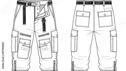 Fashionable cargo pants technical drawing showcases modern streetwear style with multiple pockets, zippers, and utility details for apparel design and garment production, creating.