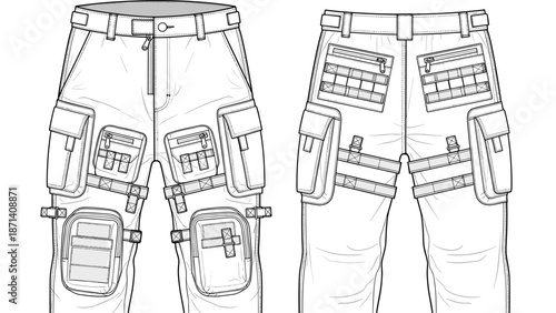 Detailed technical fashion sketch of tactical cargo pants featuring multiple pockets and durable design, ideal for outdoor adventures, uniform design, and illustration, demonstrati.