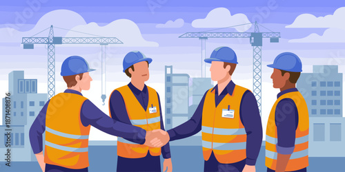 Diverse construction workers shaking hands on building site vector illustration construction industry teamwork collaboration concept construction company engineering architecture partnership deal cons