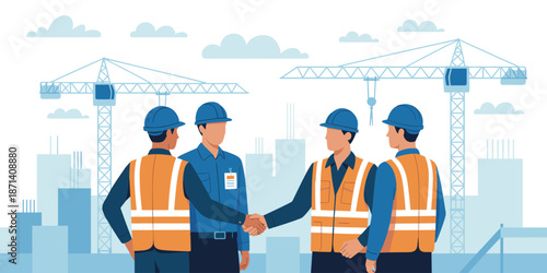 Construction workers shaking hands at building site deal agreement partnership collaboration concept industrial engineers architects contractors team handshake for real estate property development pro