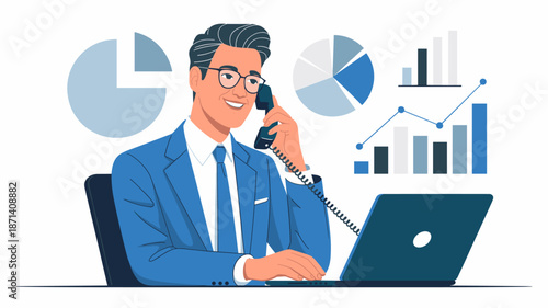 Professional businessman talking on phone using laptop in office analyzing data charts for business strategy planning sales growth modern corporate employee communication technology financial report p