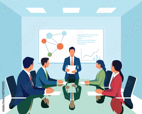 Corporate business team meeting presentation with diverse executives in blue modern conference room discussing financial data analytics and growth strategy for company success professional teamwork co