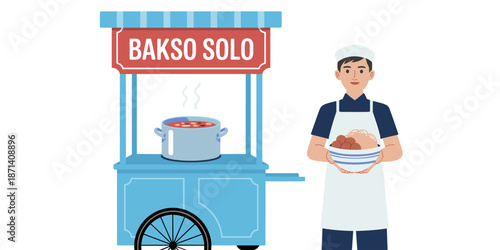 Bakso Solo cart vendor serving traditional Indonesian meatball noodle soup from street food stall professional chef illustration for restaurant menu advertising local cuisine culinary tourism cultural