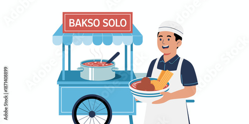 Smiling man selling bakso solo meatball noodle soup from street food cart traditional culinary illustration of indonesian cuisine vendor for restaurant menu promotion asian travel blog and cultural fo