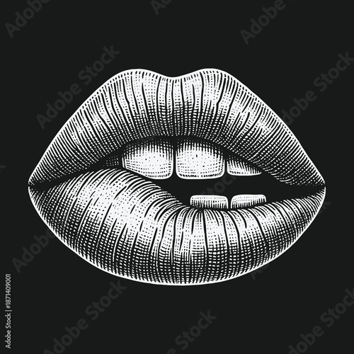 Engraved Lips Biting Lower Lip on Black Background.