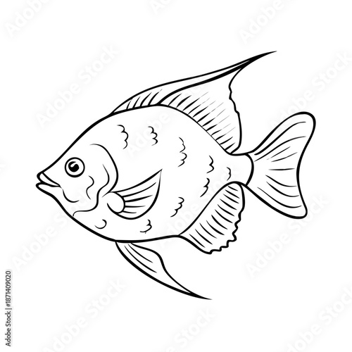 Highly detailed tropical fish sketch depicts aquatic creature outline. Engraving drawing showcases delicate fin patterns, creating intricate tropical fish sketch.