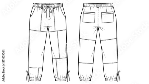 Fashionable Patchwork Pants Technical Drawing Demonstrates Contemporary Style: Vector illustration of elastic waist trousers with cargo pockets showcases streetwear apparel and ver.