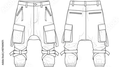 Detailed fashion flat sketch of trendy baggy cargo pants showcasing pockets, zippers, belts, and modern design for apparel design, sewing, pattern making, and fashion illustration.