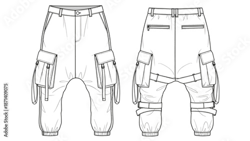 Technical flat sketch of trendy cargo pants showcasing front and back design, featuring multiple pockets, straps, and a comfortable fit for versatile fashion projects and fashion d.