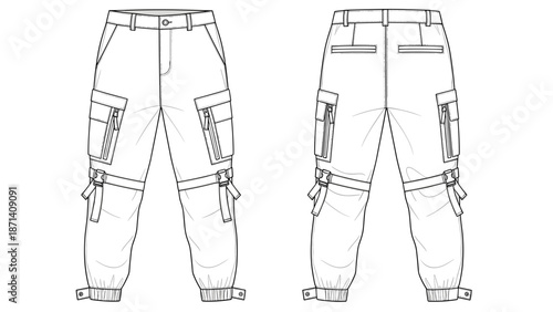 Fashionable Cargo Pants Technical Drawing for Apparel Design in Minimalist Style: Detailed front and back views showcasing versatile modern trousers, perfect for fashion illustrati.
