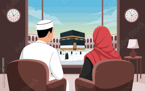 Muslim Couple Contemplating Kaaba in Mecca Saudi Arabia Peaceful Mosque View from Home Window Islamic Pilgrimage Hajj Mubarak Spiritual Journey Arabian Culture Religious Tradition Faith and Devotion C