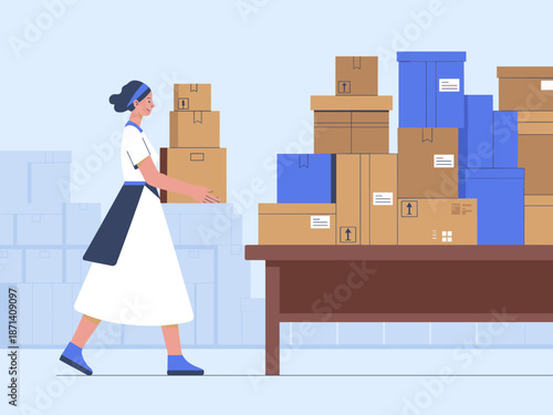 Smiling woman carrying stack of cardboard boxes in warehouse for shipping and delivery services supply chain management professional illustration of moving company employee at work for logistics and d