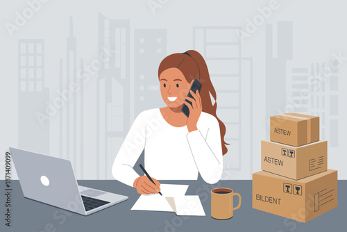 Smiling brunette woman talking on cellphone writing with pen at desk with laptop and cardboard boxes in modern city office illustration for delivery service e-commerce business logistics shipping orde