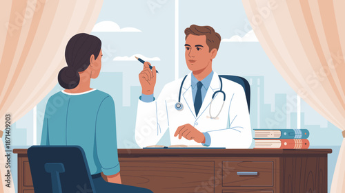 Caring doctor in consultation with woman patient in modern office setting providing medical advice and treatment options for healthcare wellness doctor patient communication in professional medical ve