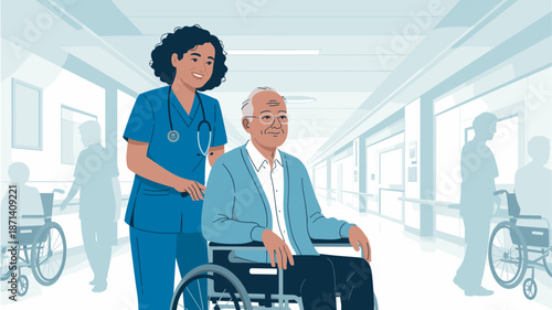 Smiling nurse pushing elderly man in wheelchair through bright hospital hallway medical professional assisting senior patient healthcare facility support rehabilitation care service illustration for a