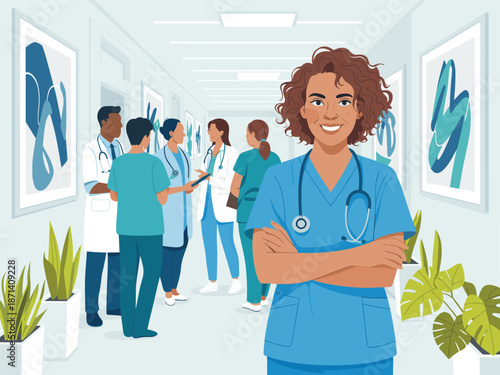 Confident African American female doctor smiling in modern hospital hallway with medical team diverse healthcare workers collaborating professional medicine staff illustration for clinic website banne