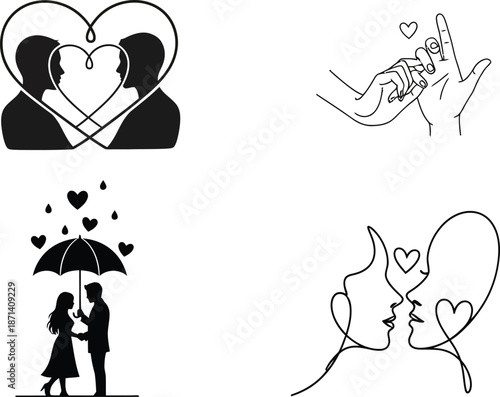 Four black and white illustrations of love and relationships isolated on transparent background