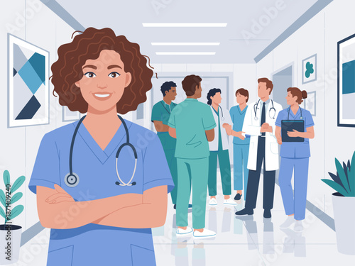 Confident female doctor with arms crossed in modern hospital hallway with diverse medical team healthcare professionals meeting discussing patient care treatment options for clinic website banner or h