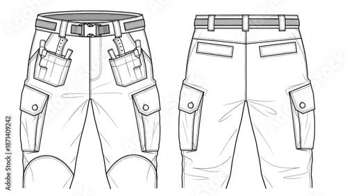 Technical Drawing of Cargo Pants Front and Back for Fashion Design, Showing Details Like Pockets, Belt, and Stitching, Useful for Garment Construction and Apparel Manufacturing Ind.