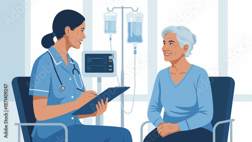 Friendly nurse practitioner taking notes during elderly patient consultation in modern hospital room intravenous therapy healthcare professional communication for medical records patient care health a