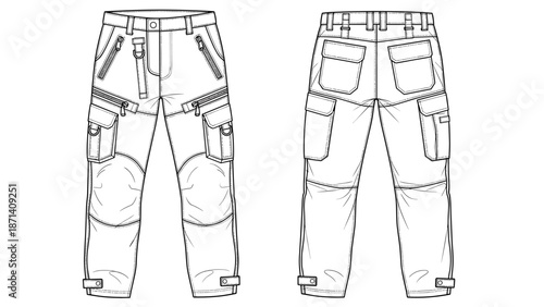 Detailed technical fashion drawing of tactical cargo pants showcasing front and back views for apparel design, manufacturing, construction, fashion illustration, and garment indust.