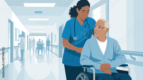 Smiling nurse assisting senior man in wheelchair in hospital hallway providing care and support for elderly patient medical professional healthcare worker illustration for nursing home advertising ger