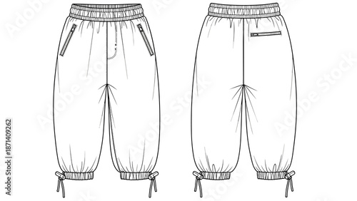 Fashionable Jogger Pants Technical Drawing: These Stylish Baggy Trousers Feature Elasticated Waistband, Zipper Pockets, and Ankle Ties for Apparel Design and Garment Production Ill.