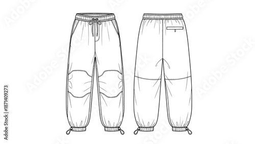 Technical flat sketch illustration of casual jogger pants design, showing front and back views,  for fashion apparel, design, textiles, style, fashion, sportswear, and technical d.
