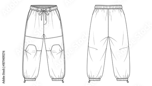 Fashion illustration of stylish jogger pants with drawstring, side pockets, and elastic cuffs displaying a casual garment design for apparel creation and clothing design in a techn.