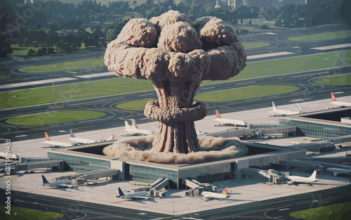 Dramatic nuclear explosion engulfing modern airport terminal with planes on tarmac causing mass panic and destruction depicting catastrophic global event disaster movie scene for environmental awarene