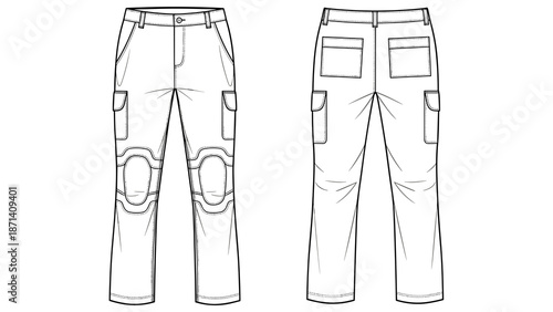 Technical cargo pants flat sketch show design elements, construction details, front and back views for apparel design, textile industry, sewing, garment construction, and style tre.