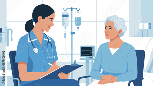 Caring nurse practitioner taking notes during consultation with elderly patient in hospital room setting for healthcare service geriatric care and medical assistance professional illustration for clin