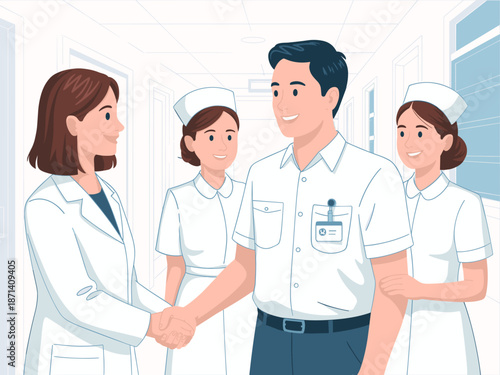 Smiling diverse medical team doctor shaking hands with male nurse in hospital hallway two female nurses in background healthcare professional partnership collaboration concept for clinic website banne
