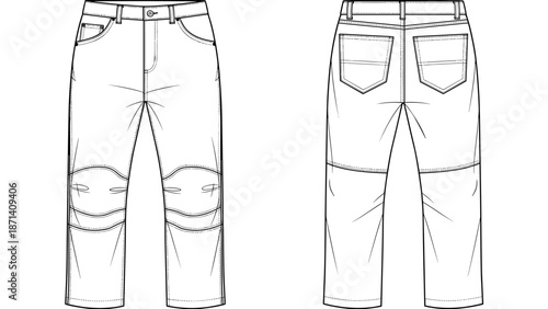 Detailed technical sketch of stylish workwear trousers showcases knee reinforcement and back pocket design, essential for industry professionals needing durable clothing and functi.