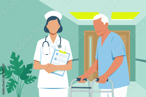 Caring nurse assisting senior patient using walker in hospital hallway professional healthcare worker helping elderly man with mobility aid support rehabilitation geriatric care nursing home facility