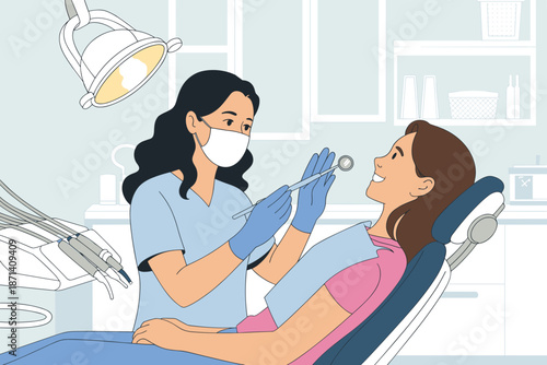 Female dentist in mask examining patient teeth in dental clinic treatment room with tools and equipment professional healthcare illustration for medical presentations dentistry concept oral hygiene