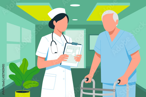 Caring nurse practitioner reviewing patient chart with elderly man using walker in hospital hallway rehabilitation center medical professional healthcare provider illustration for assisted living faci