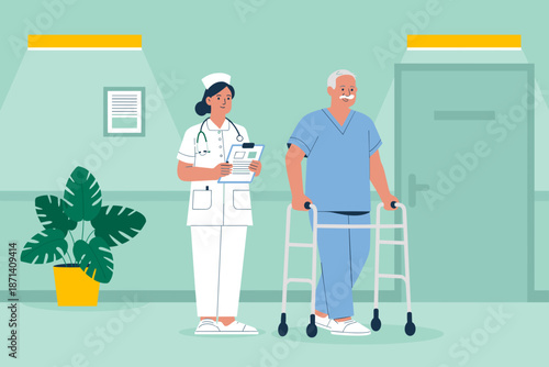 Caring nurse assisting elderly patient with walker in hospital hallway for rehabilitation recovery support medical assistance healthcare professional geriatric care facility illustration for nursing h