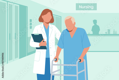 Caring doctor helping senior patient with walker in hospital hallway for rehabilitation recovery support healthcare assistance elderly care facility professional medical illustration for clinic websit