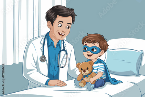 Friendly cartoon doctor interacting with cute superhero child patient holding teddy bear in hospital bed cheerful medical professional pediatrician visit illustration for healthcare pediatric clinic a
