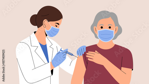 Doctor injecting vaccine into senior patient arm in clinic wearing face mask for virus prevention disease immunization healthcare worker giving shot to elderly woman for flu prevention medical illustr