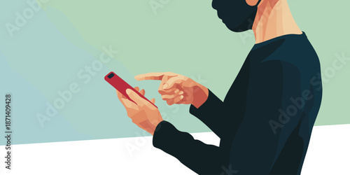 Masked person using smartphone mobile app for communication social media or online shopping in modern digital lifestyle concept illustration for business technology healthcare advertising and marketin