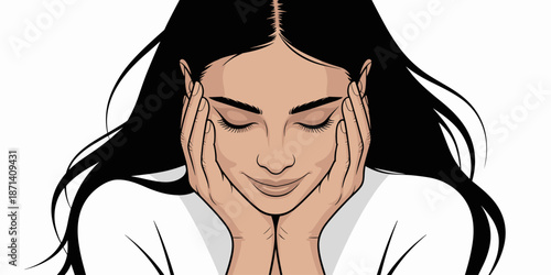 Attractive woman with long black hair resting chin on hands in peaceful contemplation serene relaxation facial expression skincare beauty treatment wellness spa cosmetic product advertising and market