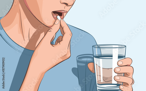 Person taking medication pill with water glass in hand for healthcare treatment wellness concept illustration for medical advertising pharmaceutical marketing health and wellbeing remedies vitamins su