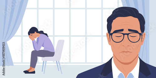 Depressed business executives feeling anxiety and stress in office environment facing mental health challenges with burnout and workplace worries needing therapy and counseling for corporate wellness