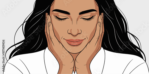 Serene dark haired woman with closed eyes holding face in hands in calm expression of mindfulness for wellness beauty spa or relaxation meditation concept in modern lifestyle for health and mental wel
