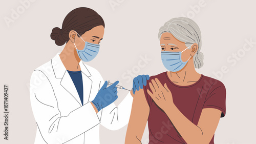 Healthcare professional administering vaccine injection to senior patient wearing face mask for disease prevention during immunization campaign clinic visit vaccination program medical concept vector