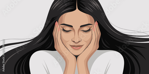 Dreamy woman resting face in hands with closed eyes long black hair vector illustration serene peaceful mindful wellbeing beauty concept for spa meditation wellness fashion cosmetic advertising and li